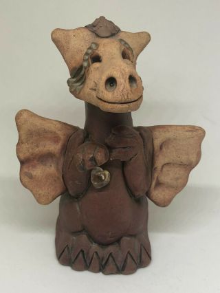 Rare Ceramic Dragon Sculpture Figurine Heart Brown Folk Art Signed W M