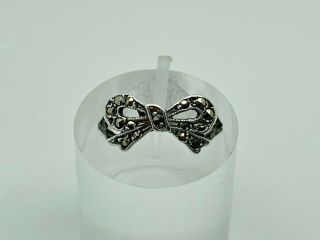 Antique Art Deco English Sterling Silver Marcasite Bow Ring Small Size G