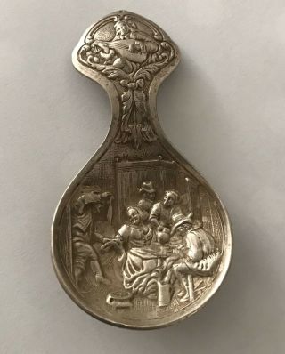 Dutch Repousse Tavern Scene Tea Caddy Spoon - Silver Plated Unmarked