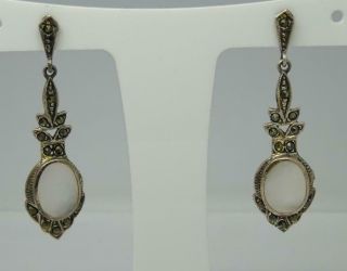 Antique Style Sterling Silver Marcasite & Mother Of Pearl Drop Earrings