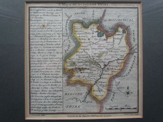 Antique Hand Coloured Map Of Huntingdonshire By Badeslade & Toms,  1742,  Framed