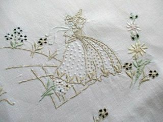 Antique Madeira Tablecloth - Hand Embroidered Pastels - Crinolines