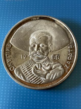 1988 Mexico Rare Medal Silver Proof Emiliano Zapata 2oz.  999