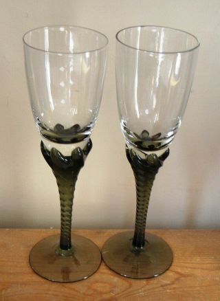 2 Art Deco Sherry / Liqueur Glasses.  Handmade.  Grey Spiral Twist Stems.  1930s?