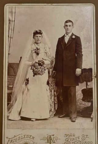 Antique Cabinet Photo Young Victorian Roses Couple Wedding Dress Chicago