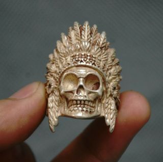 3.  5cm Old Chinese Silver Human Skeleton King Skull Head Jewelry Hand Ring