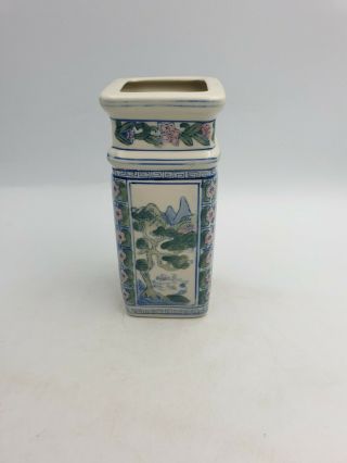Chinese Porcelain Square Shaped 18cm Vase Hand Painted Green Pink Scenic Panels