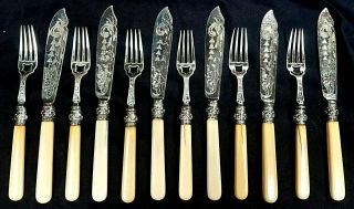 Set Of 6 Edwardian Silver Plated & Bovine Bone Handled Fish Knives & Forks C1910