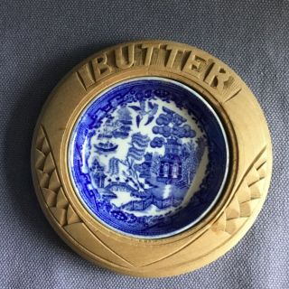 Antique Carved Wooden Butter Dish Willow Pattern Dish Kitchenalia