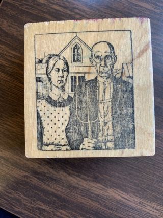 Psx 1983 - American Gothic Grant Wood Couple Pitchfork Rubber Stamp Museum Rare