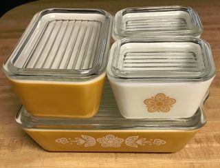 Rare Vtg Pyrex Butterfly Gold White Refrigerator Dish Set Of 8 W Lids 501502 503
