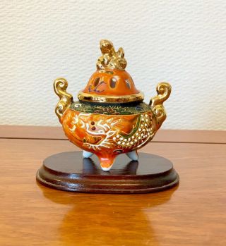 Antique Japanese Satsuma Moriage Porcelain Incense Burner 4 Ins Tall