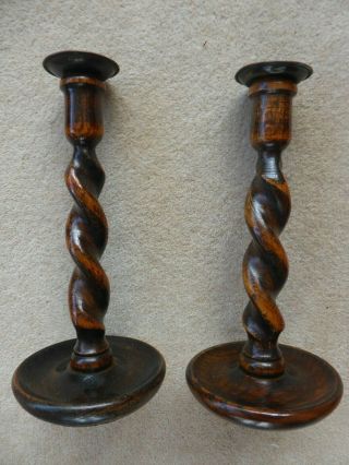 Pair Antique Barley Twist Wooden Candlesticks C1920 Lovely Patina