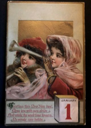 Pretty Victorian Girls With Horn A/s Brundage Antique Year Postcard - - S656