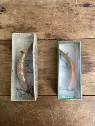 Two Rare Vintage 1950s Helin Flatfish Lures And Boxes