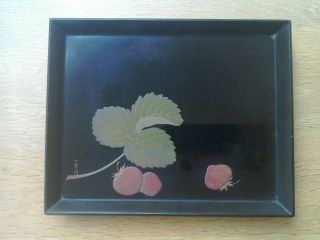 Antique Early 20th Century Black Laquered Tray With Cherry Decoration