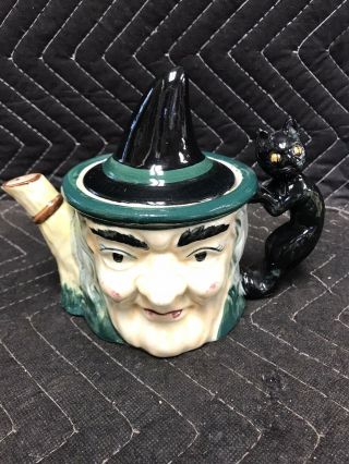 Rare Vintage Ceramic Witch Toby Style Teapot With Lid Japan Hand Painted Cat