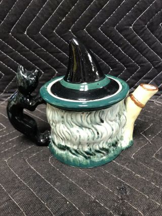 Rare Vintage Ceramic Witch TOBY Style TEAPOT with Lid Japan Hand Painted Cat 3