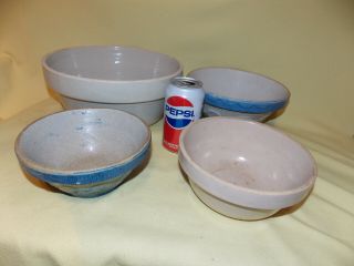 4 Antique Nesting Blue & White Wedding Ring Salt - Glazed Stoneware Mixing Bowls