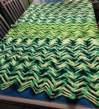 Vintage Green Striped Afghan Crochet Warm Blend Granny Blanket Retro Throw Vtg