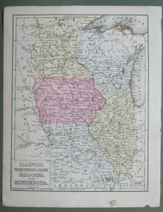 Antique 1876 Mitchell Map Of Illinois,  Minnesota,  Wisconsin,  Missouri,  Iowa