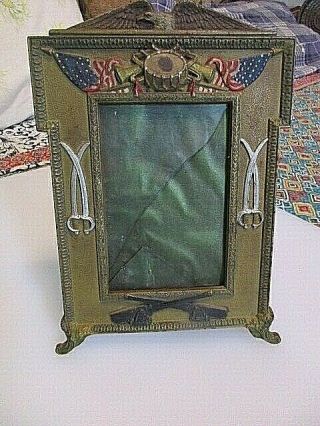 Rare Vintage Wwi Military Cast Iron Picture Photo Frame - Eagle - Flags - Swords