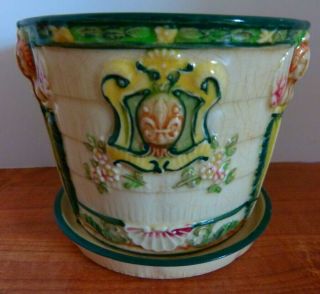 Antique Maruhon Ware Fancy Flower Pot Planter Vase/drip Bowl Hand Painted Japan