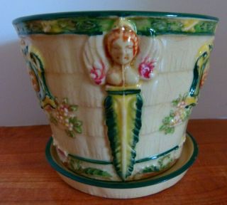 Antique MARUHON WARE Fancy Flower Pot Planter Vase/drip bowl Hand Painted Japan 2