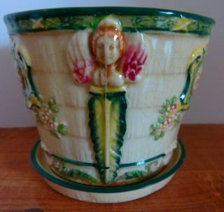 Antique MARUHON WARE Fancy Flower Pot Planter Vase/drip bowl Hand Painted Japan 3