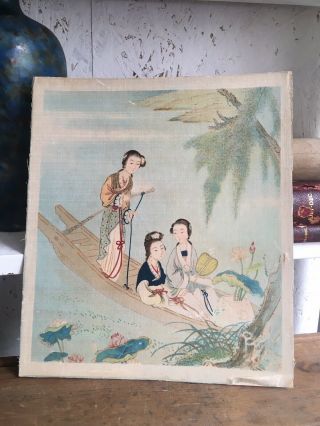 Vintage Japanese Oriental Silk Print Painting Female Kimono River Boat Scene