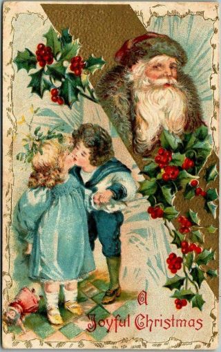 Winsch Santa Claus With Children Kissing Antique Christmas Postcard - S628
