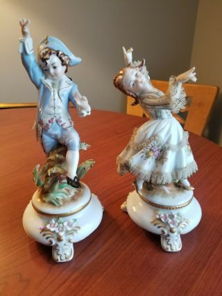 Antique Dresden Lace Germany Porcelain Figurine Dancing Girl 7 1/2 " And Boy