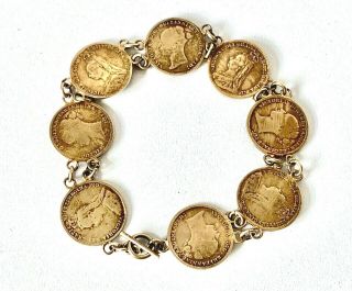 Antique Victorian Solid Silver & Gold Gilt Three Pence Coin Bracelet - 7.  3inch
