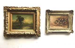 Rare Set Of 2 Miniature 19th Century French Impressionist Oil Paintings Gorgeous