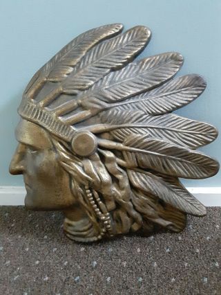 Large Rare Vintage Cast Brass Indian Head Chief Native American Wall Art 14 " W
