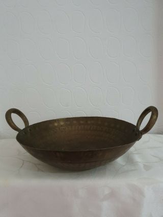Vintage Large Hand Hammered Brass Bowl With Casted Brass Handles