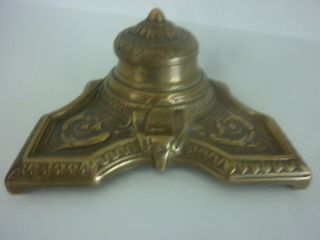 Antique French Art Nouveau Brass Inkwell Desk Stand Good Patina Mod Brevet