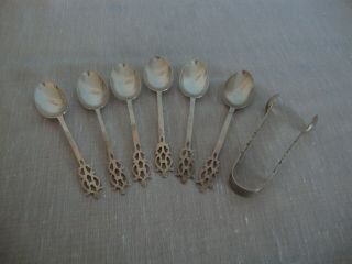 Vintage Solid Silver J.  W.  Art Nouveau Scroll Design Tea Spoons & Sugar Tongs