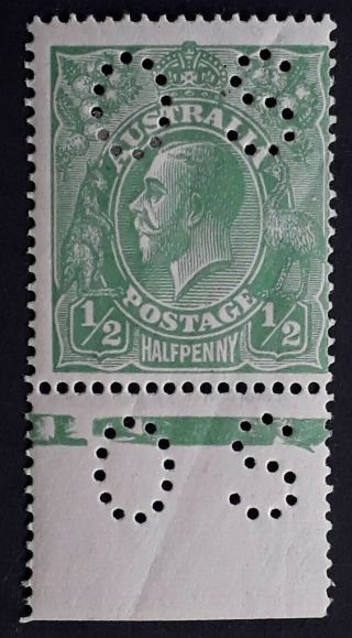 Rare 1915 Australia 1/2d Green Kgv Stamp 2nd Wmk Os Perf In Stamp&selvage