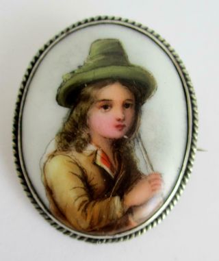 Stunning Antique Hand Painted Brooch With Silver Mount Austrian? Boy With Flute