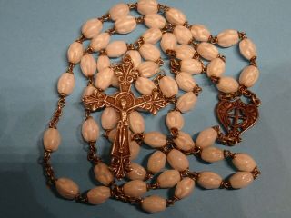 Antique Monastery Rosary France // White Glass Bead With Cross