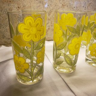 7 Culver Ltd Drinking Glasses Yellow Daisy Flower Pattern Rare Vintage 5 3/4 