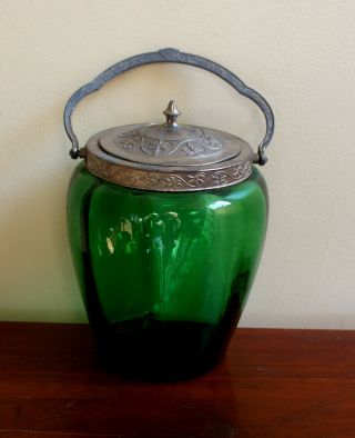 Vintage Antique Green Glass Cookies Jar With Metal Lid.