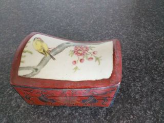 Vintage Chinese Headrest Lacquer Wood Box With Porcelain Lid