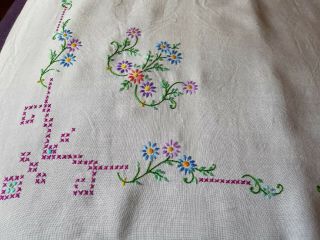 Vintage Antique White Linen Cotton Hand Embroidered Flowers Tablecloth 2