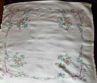 Vintage Antique White Linen Cotton Hand Embroidered Flowers Tablecloth 3
