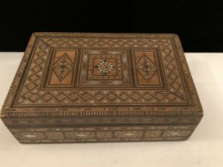 An Vintage Moroccan Micro Mosaic Wooden Trinket Box With Mother Of Pearl Inlay
