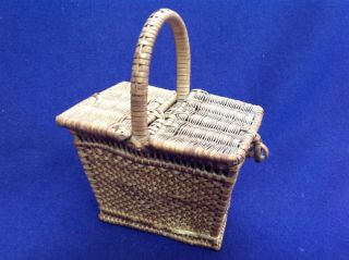 Rare Antique French Fashion Doll Miniature Shaker Style Sewing Basket Purse Old