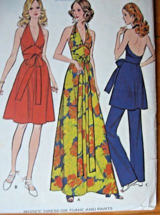 Rare Vtg 1972 Sewing Pattern Mccall’s 3206 Halter Dress Gown Tunic Top Pants 12