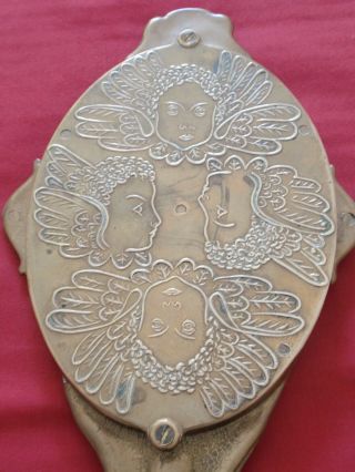 Art Nouveau Solid Cast Brass Hand Vanity Mirror / Cherob / Angel Heads